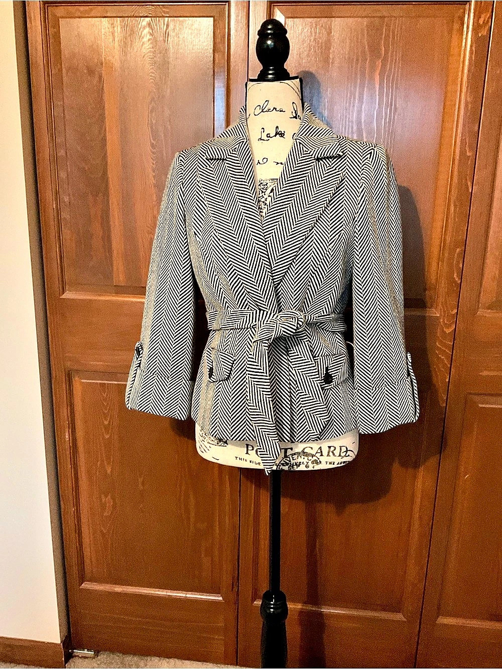 Ann Taylor Loft Women's Black White Herringbone Wool Belted Blazer Jacket Sz 6